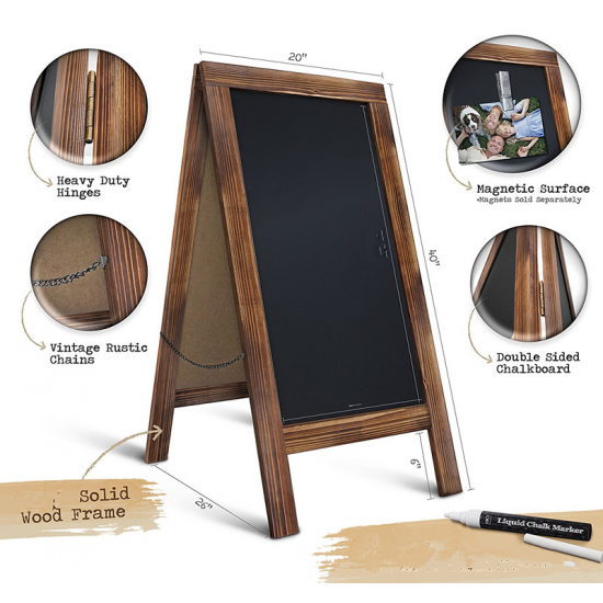 Frame Magnetic Chalkboard Sign 40 x 20 Inches, Classic Wooden Freestanding Sidewalk Sign, Double-Sided Sign Board