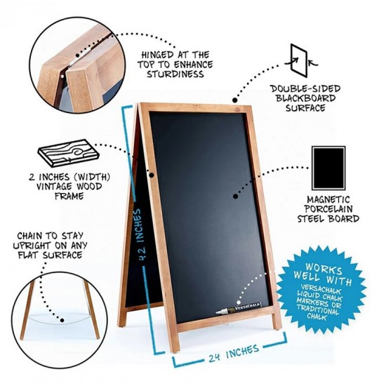Frame Magnetic Chalkboard Sign 40 x 20 Inches, Classic Wooden Freestanding Sidewalk Sign, Double-Sided Sign Board