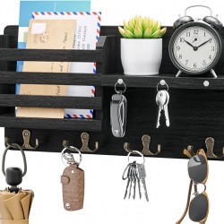HTJX Mail Holder for Wall with Magnet Hanging, Rustic Wooden Key Holder with Key Hooks Wall Mounted Key Hanger Organizer for Entryway, Mudroom, Hallway, Bedroom, Living Room and Office, Black