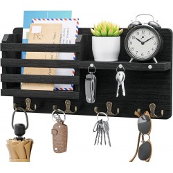 HTJX Mail Holder for Wall with Magnet Hanging, Rustic Wooden Key Holder with Key Hooks Wall Mounted Key Hanger Organizer for Entryway, Mudroom, Hallway, Bedroom, Living Room and Office, Black