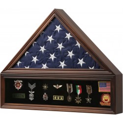 HTJX Veteran Burial Flag Display Case American Flag Solid Wood Display Case Fits a 5 X 9.5 Flag Folded Military Shadow Box with Felt Lining Holder for Pins Insignia Medals Challenge Coins, Walnut