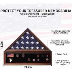 HTJX Veteran Burial Flag Display Case American Flag Solid Wood Display Case Fits a 5 X 9.5 Flag Folded Military Shadow Box with Felt Lining Holder for Pins Insignia Medals Challenge Coins, Walnut