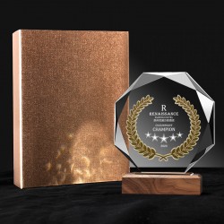 Custom solid wood and crystal trophies, customized medals, honor plaques, employee recognition awards, annual meeting souvenirs, and award presentation items.