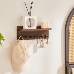 Solid Wood Entryway Key Holder Wall-Mounted Storage Rack, No-Drill Clothing and Hat Hooks, Door-Mounted Organizer Rack