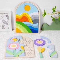 Factory Price Wooden Matching Puzzle Board Multi-themed Educational Toy for Kids Rainbow Jigsaw Puzzle with Block Board