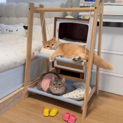 All-Season Eco-Friendly Wooden Cat Hammock Winter Warm Solid Pattern Elevated Cat House with Swing and Rocking Bed for Cats