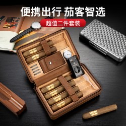 Portable Cigar Case by Qielong, Cedar Wood Lining, Humidified Leather, Large‑Capacity Set with Lighter CA‑24L4