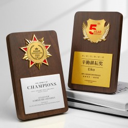 Custom-made black walnut solid wood trophy, metal badges, wooden plaques for annual meetings and outstanding employee awards