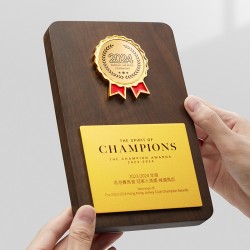 Custom-made black walnut solid wood trophy, metal badges, wooden plaques for annual meetings and outstanding employee awards