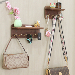 Black Walnut Solid Wood Entryway Key Holder Wall-Mounted Brass Hooks, No-Drill Grooved Storage Rack for Entry Doors
