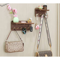 Black Walnut Solid Wood Entryway Key Holder Wall-Mounted Brass Hooks, No-Drill Grooved Storage Rack for Entry Doors