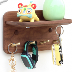 Black Walnut Solid Wood Entryway Key Holder Wall-Mounted Brass Hooks, No-Drill Grooved Storage Rack for Entry Doors