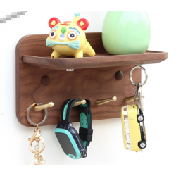 Black Walnut Solid Wood Entryway Key Holder Wall-Mounted Brass Hooks, No-Drill Grooved Storage Rack for Entry Doors